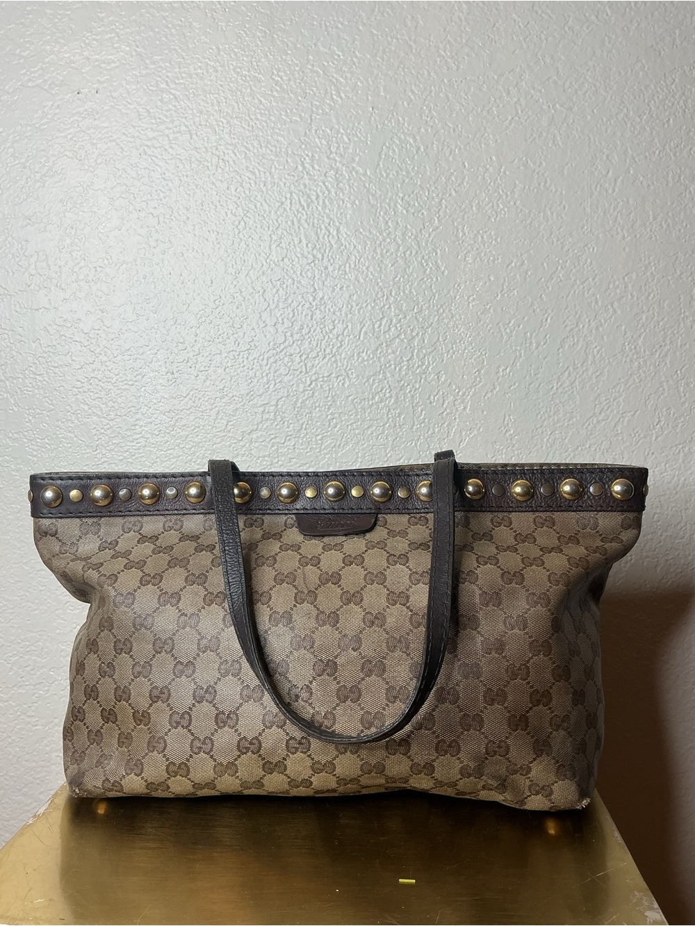Gucci Brown Monogram Tote Bag with Stud Trim - Picture 3 of 16